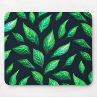Green Leaves Dark Abstract Ink Drawn Pattern Mouse Pad