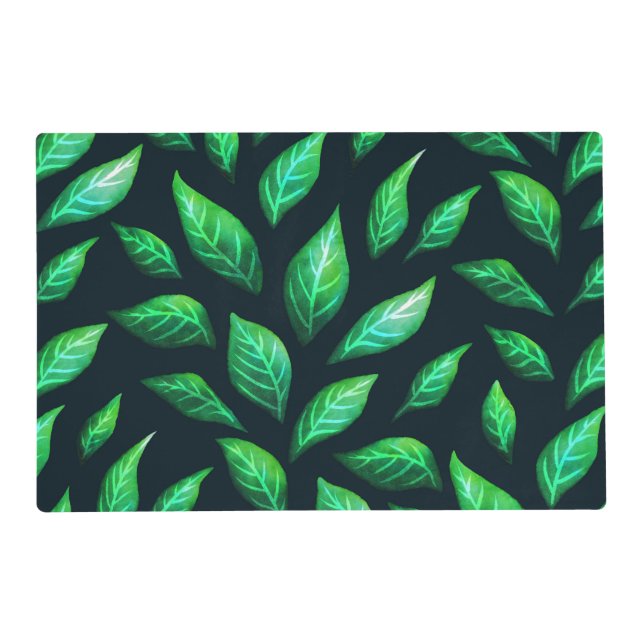 Green Leaves Dark Abstract Ink Drawn Pattern Placemat (Front)