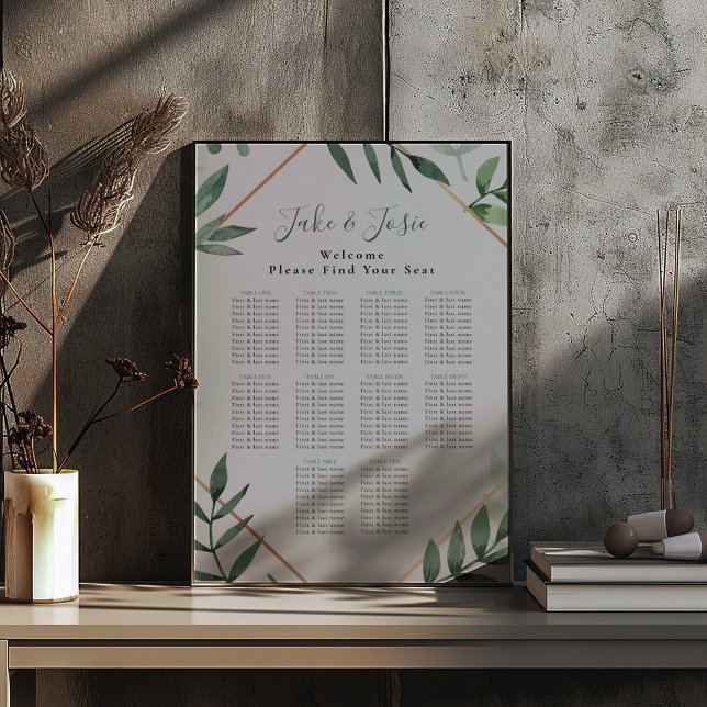 Green leaves Elegant Wedding Seating Chart Foam Board (Wedding seating chart with elegant script for the names and a green leaves geometric decoration.)