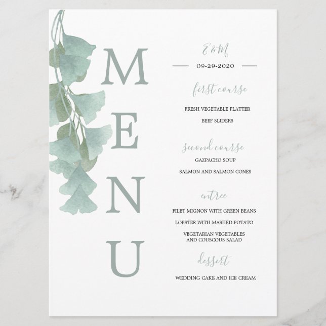 Green Leaves Eucalyptus Summer Elegant Wedding Menu (Front)
