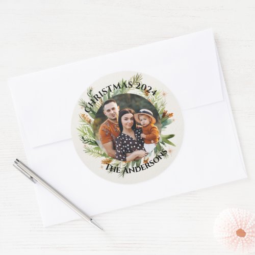 Green Leaves Family Photo Merry Christmas Classic Round Sticker