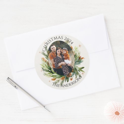 Green Leaves Family Photo Merry Christmas Classic Round Sticker