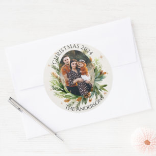 Green Leaves Family Photo Merry Christmas Classic Round Sticker