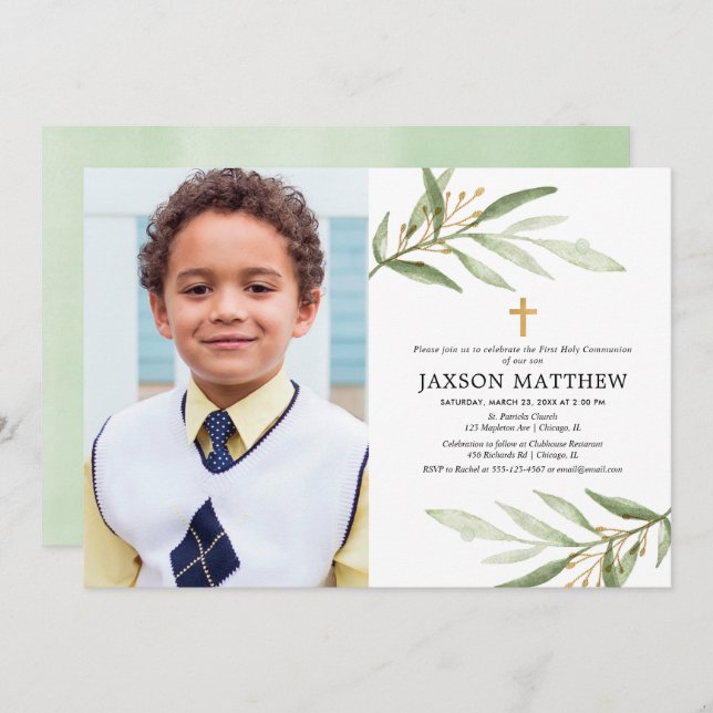 Green leaves first holy communion greenery photo invitation (Front/Back)