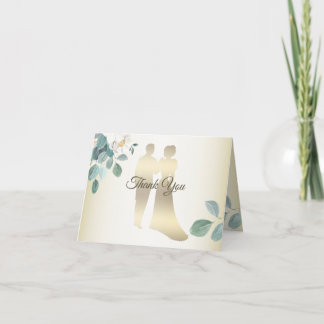 Green Leaves Flower Golden Frame Modern Wedding Thank You Card