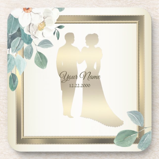 Green Leaves Flower Golden Frame Wedding Party Beverage Coaster (Front)