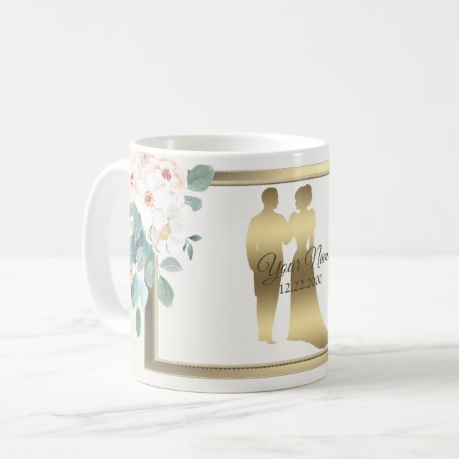 Green Leaves Flower Golden Frame Wedding Party Coffee Mug (Front Left)