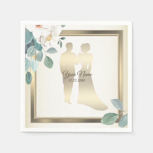 Green Leaves Flower Golden Frame Wedding Party Napkins (Front)