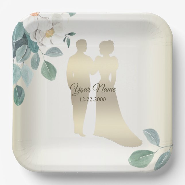 Green Leaves Flower Golden Frame Wedding Party Paper Plates (Front)