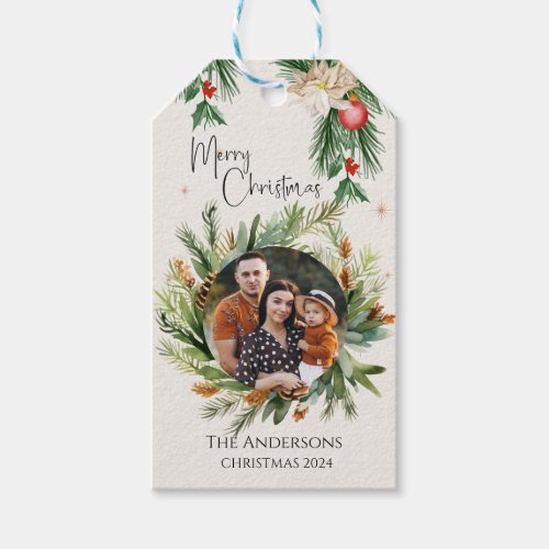 Green Leaves Foliage Family Photo Merry Christmas Gift Tags