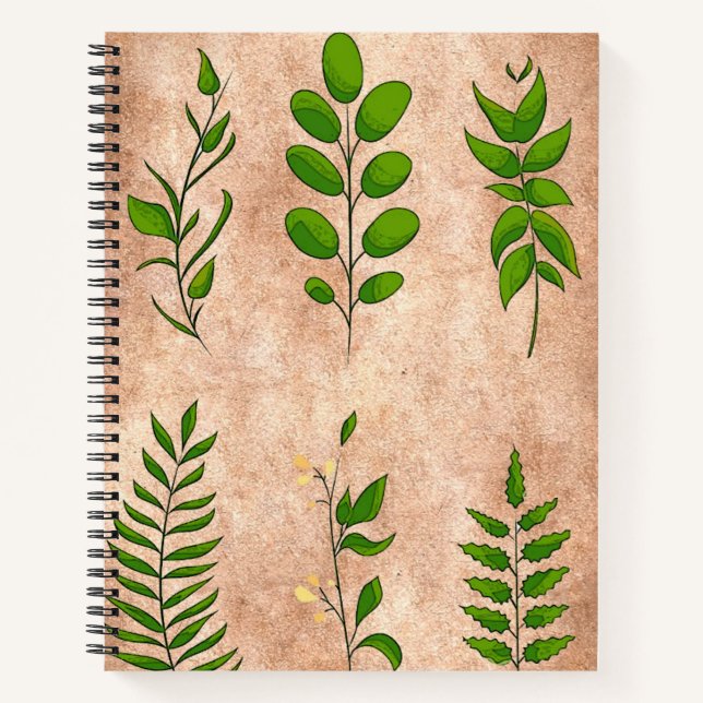 Green leaves foliage plants distressed faded sepia notebook (Front)