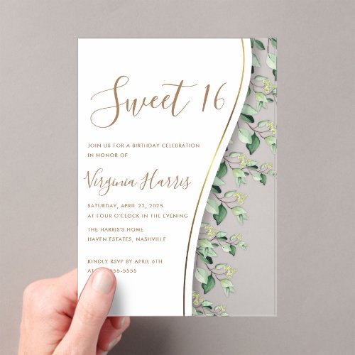 Green Leaves Foliage Sweet Sixteen 16 Birthday Acrylic Invitations