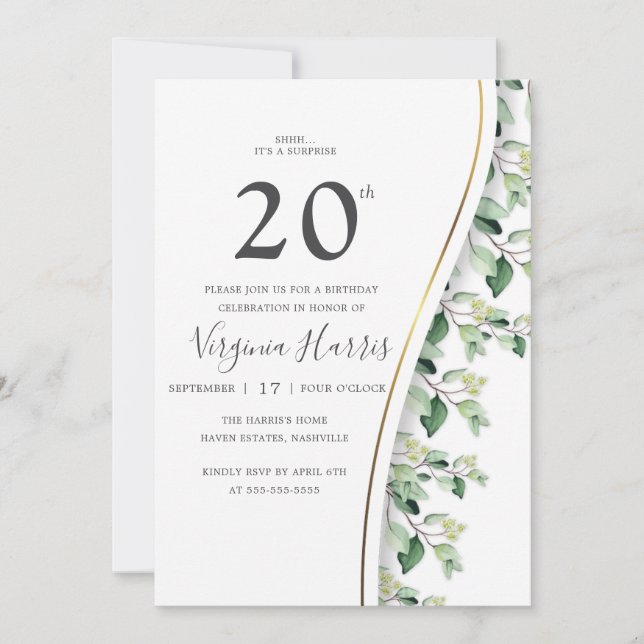 Green Leaves Foliage Twenty 20th Birthday Invitation (Front)