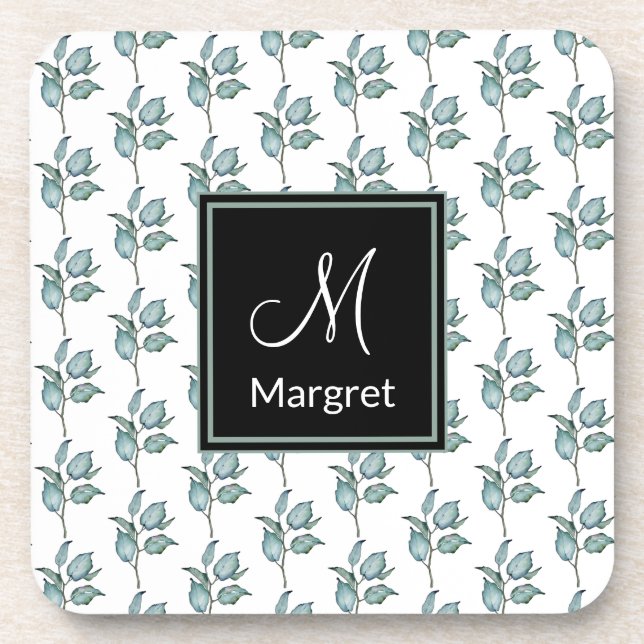 Green Leaves Garden Pattern Monogram Personalize Beverage Coaster (Front)