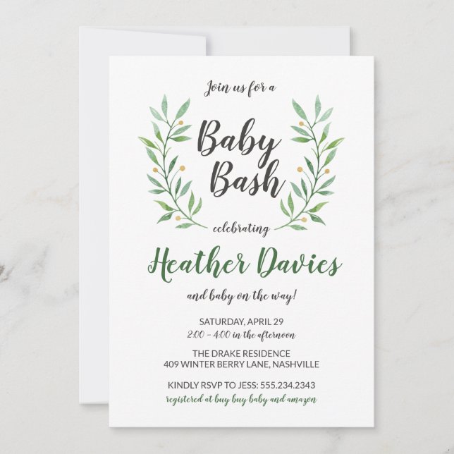 Green Leaves Gender Neutral Baby Shower Invitation (Front)