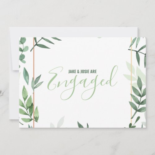 Green leaves gold border engaged party announcement