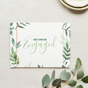 Green leaves, gold border, engaged party announcement