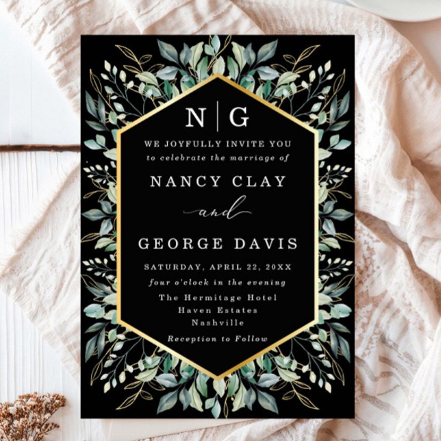 Green Leaves Gold Border Monogram Black Wedding Invitation (Creator Uploaded)