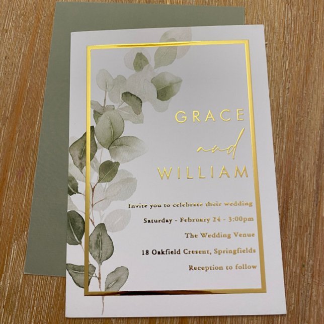 Green Leaves Gold Foil Border Modern Wedding Foil Invitation (Creator Uploaded)