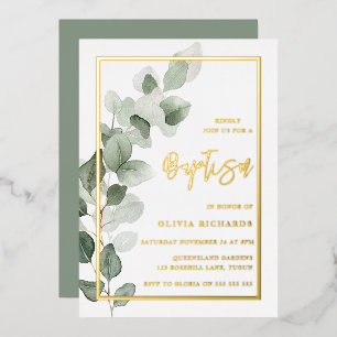 Green Leaves Gold Foil Boy or Girl Baptism Invitation