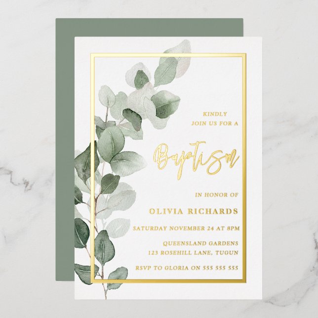 Green Leaves Gold Foil Boy or Girl Baptism Invitation (Front/Back)
