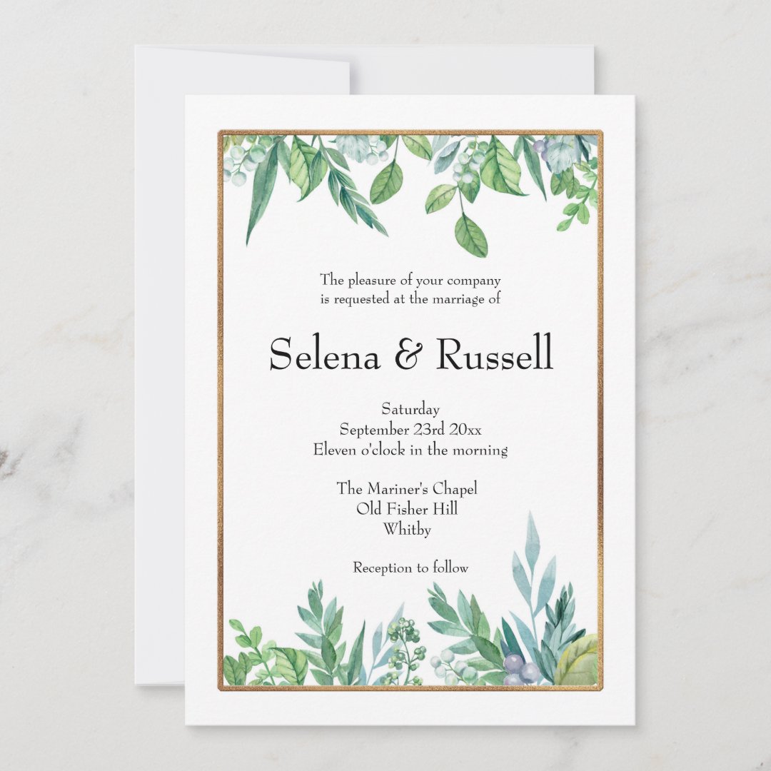 Green Leaves & Gold Frame Wedding Invitation | Zazzle