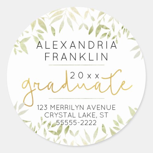 Green Leaves  Gold Script Graduate Return Address Classic Round Sticker