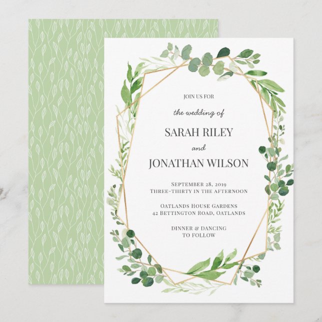 Green leaves gold Terrarium Wedding invitation (Front/Back)
