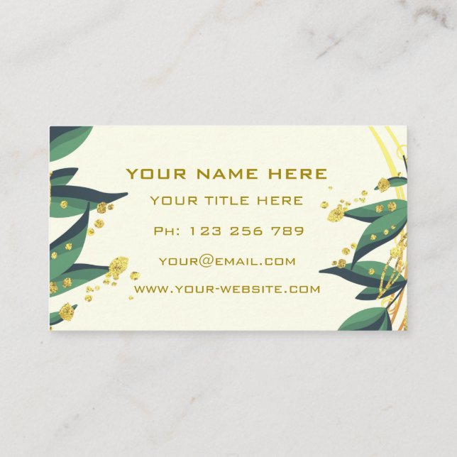 Green Leaves Gold Wreath Frame Modern Professional Business Card (Back)