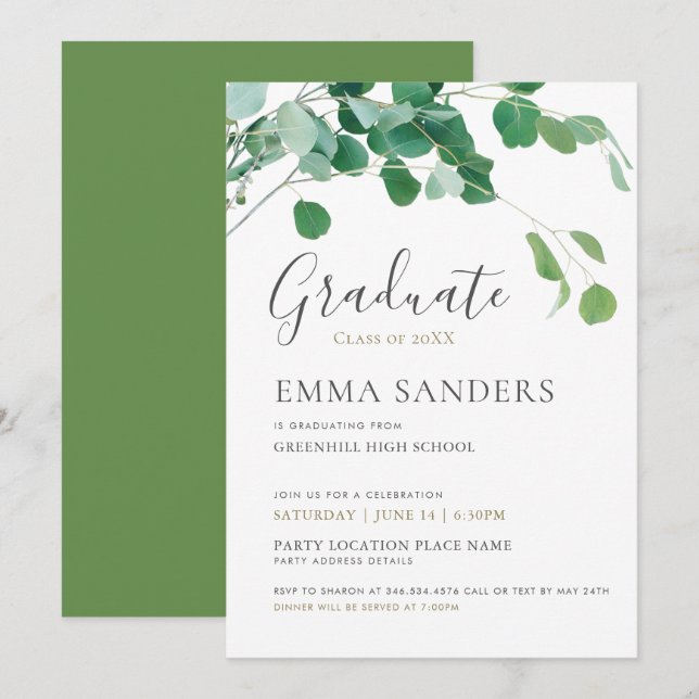Green Leaves Graduation Party Custom Invitation (Front/Back)