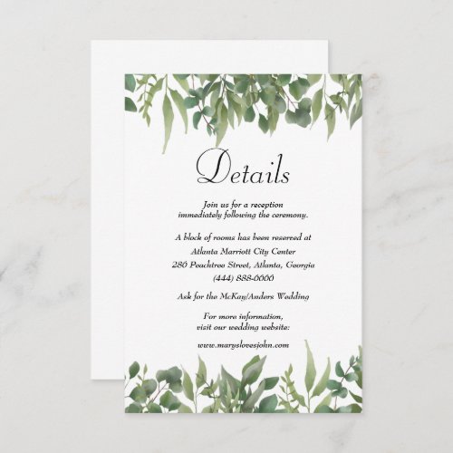 Green Leaves Greenery Foliage Wedding Details Enclosure Card