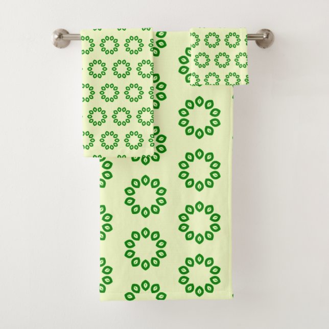 Green leaves in a circle on yellow  bath towel set (Insitu)