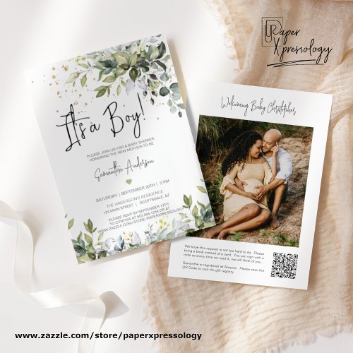 Green Leaves Its a Boy Baby Shower QR Code Photo Invitation