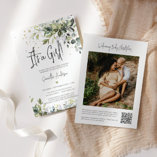 Green Leaves It's a Girl Baby Shower QR Code Photo Invitation