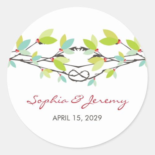 Green Leaves Knotted Love Trees Spring Wedding Classic Round Sticker