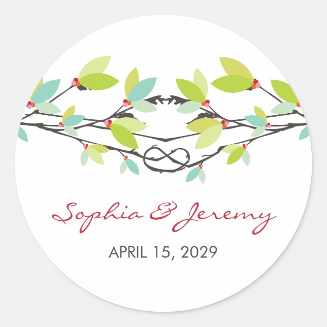 Green Leaves Knotted Love Trees Spring Wedding Classic Round Sticker (Front)