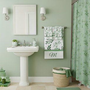 Green leaves  monogram bath towel set