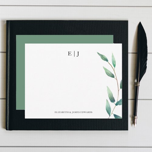 Green Leaves Monogram Couple Initials Personalized Note Card