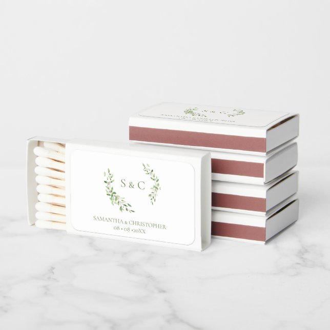 Green leaves Monogram Crest wedding favor Matchboxes (Stacked)