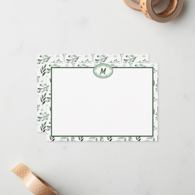 Green leaves  monogram note card (Front/Back In Situ)