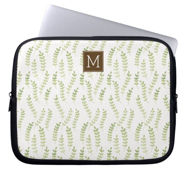 Green Leaves Monogrammed Laptop Sleeve (Front)