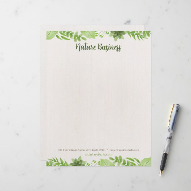 Green Leaves Nature on Wood Background Letterhead (Front/Back In Situ)