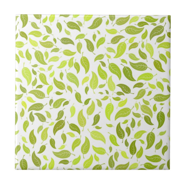 Green Leaves Nature Print, Plant Leaf Pattern Ceramic Tile (Front)