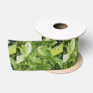 Green Leaves Oil Painting, Satin Ribbon