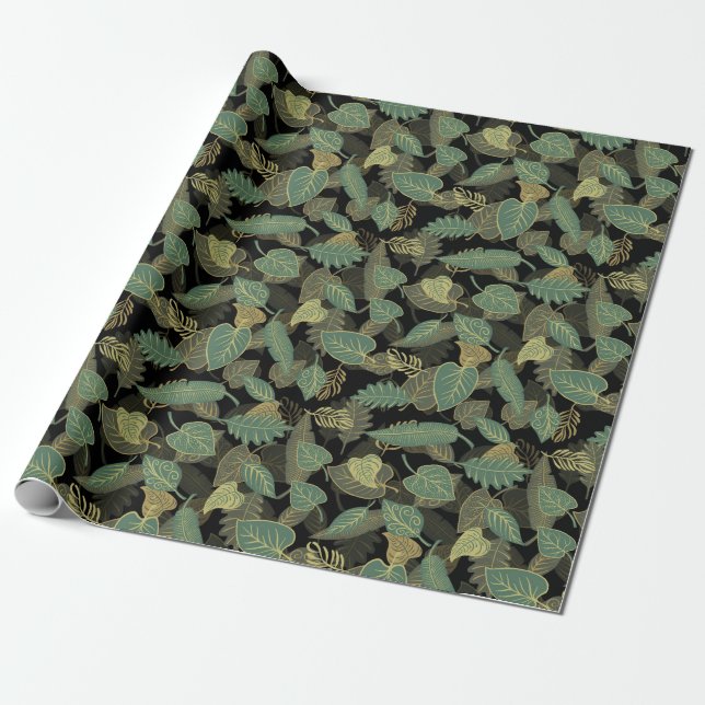  Green Leaves On Black Background Wrapping Paper (Unrolled)