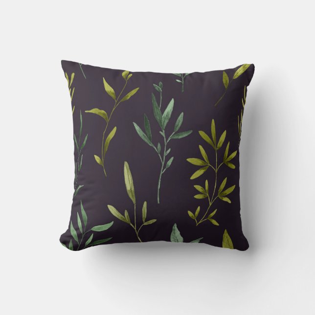 Green leaves on black reversible throw pillow (Front)