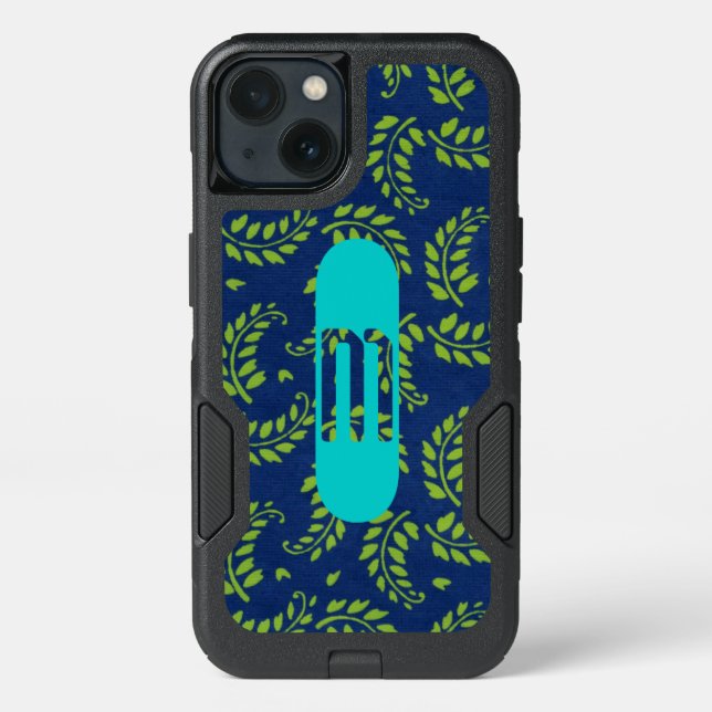 Green Leaves on Blue with Aqua Monogram Otterbox iPhone Case (Back)