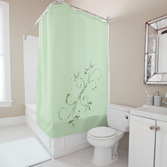 Green Leaves on Mint Green Shower Curtain (In Situ)
