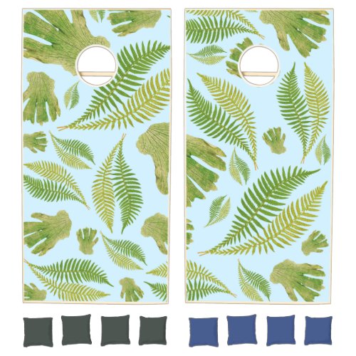 Green Leaves on Pastel Blue Color Leaf Pattern Cornhole Set