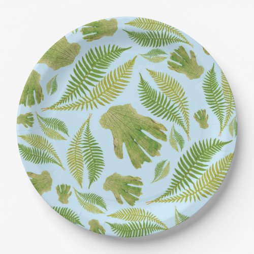 Green Leaves on Pastel Blue Color Leaf Pattern Paper Plates